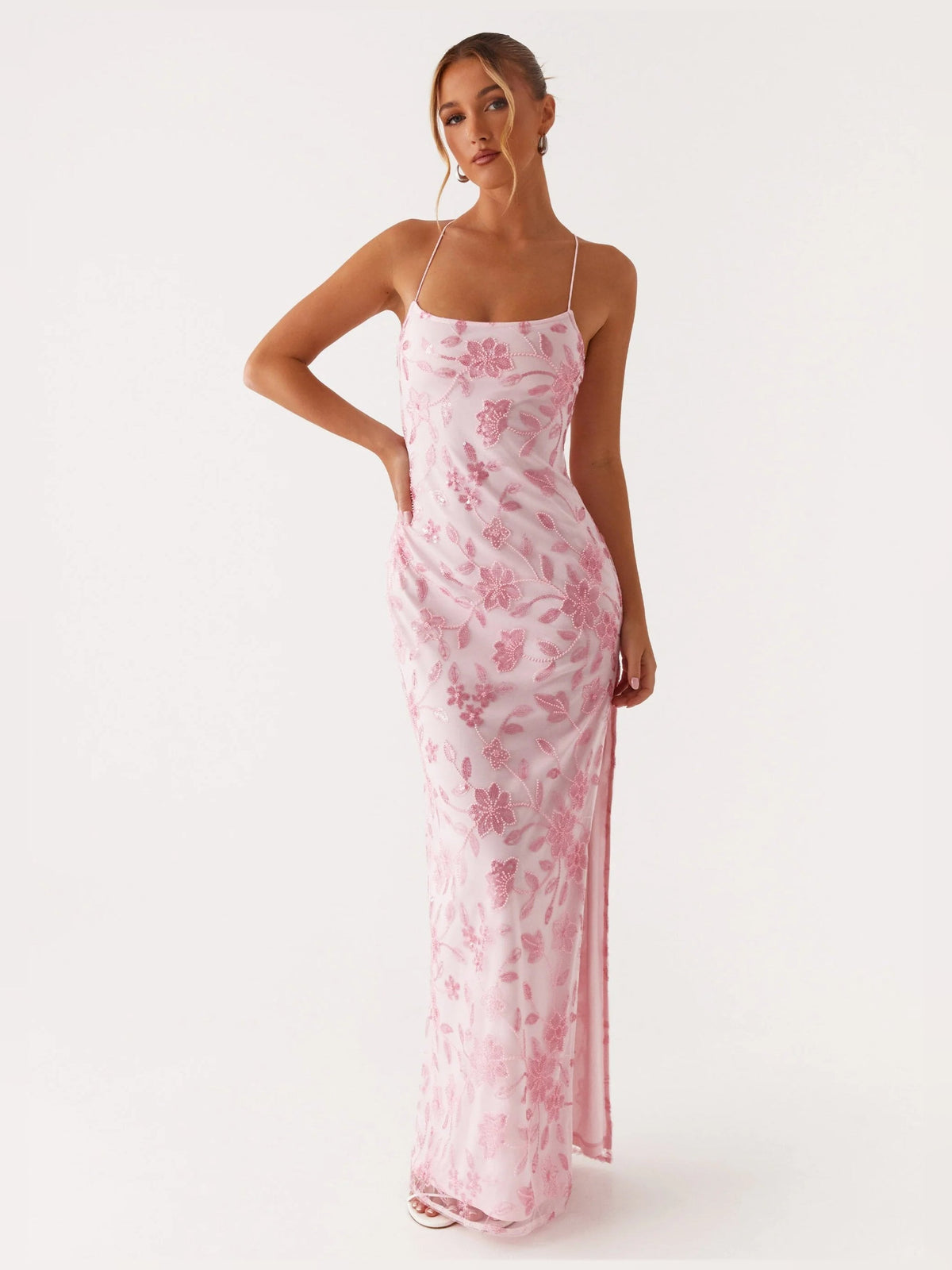 Pink sheath maxi formal dress with floral print, alternate full-length view
