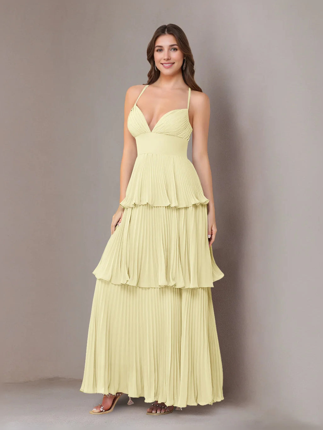 Light yellow V-neck A-line tiered ruffle maxi chiffon dress with layered tiers