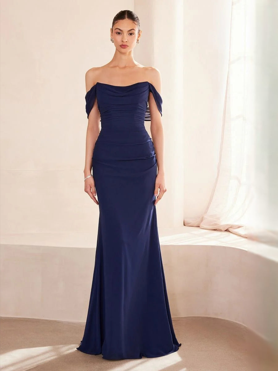 Navy blue off-shoulder ruched mermaid evening dress with fitted trumpet skirt