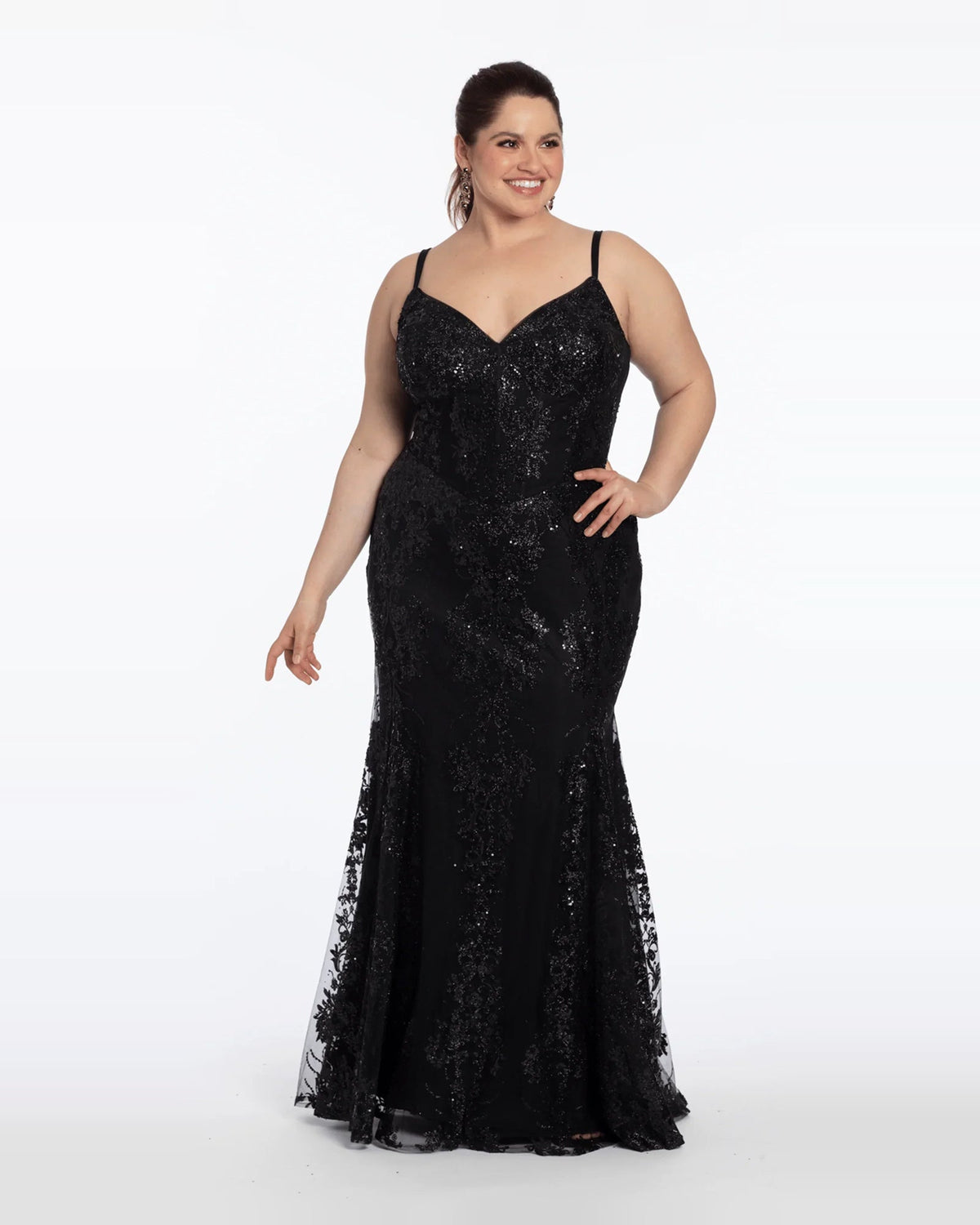 Black glitter mermaid prom dress with sweetheart neckline and spaghetti straps, flared hem