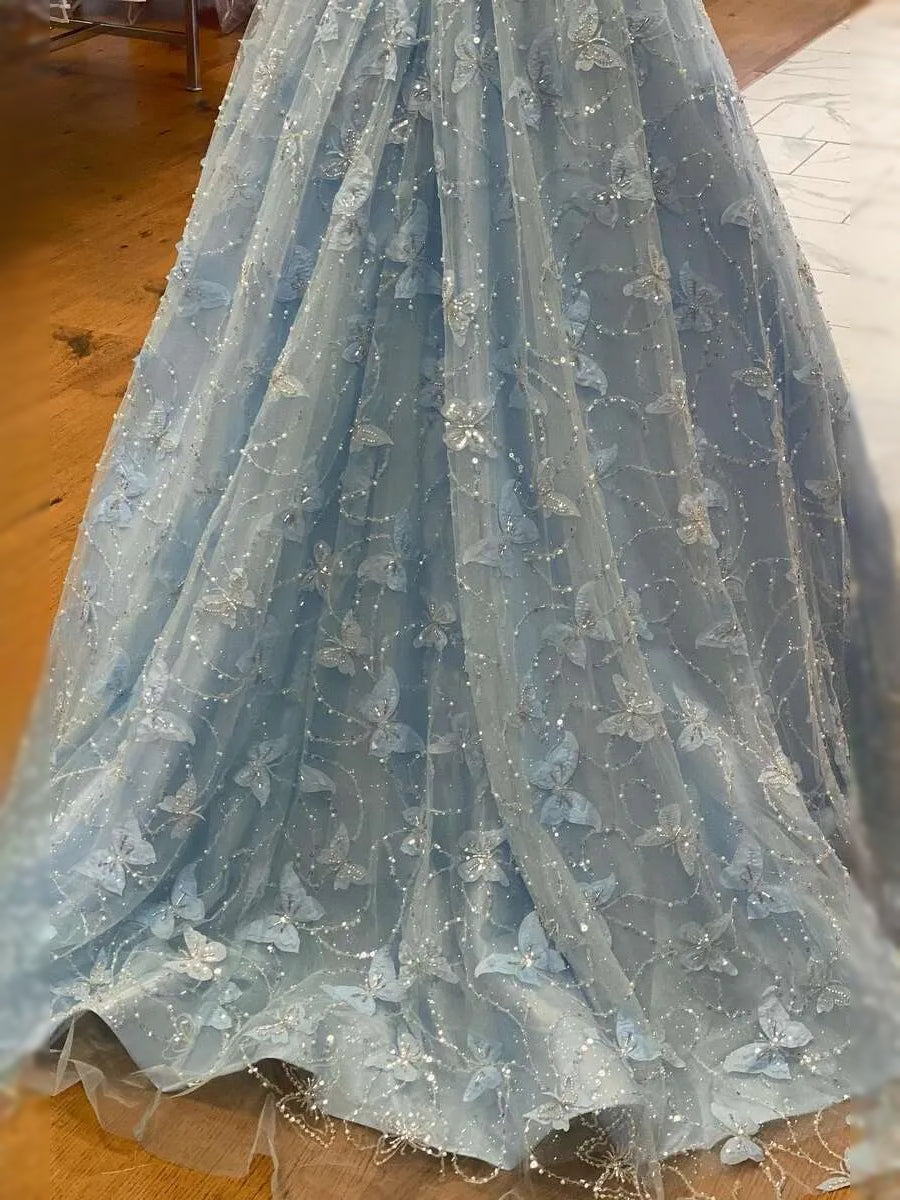 Sky blue prom dress skirt with butterfly appliques and layered tulle hem