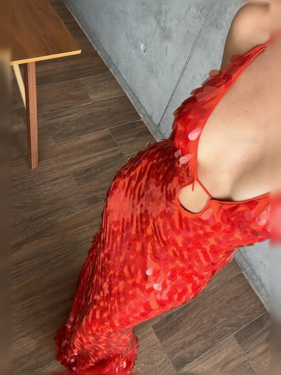 Red sequin maxi dress with spaghetti straps and back cutout