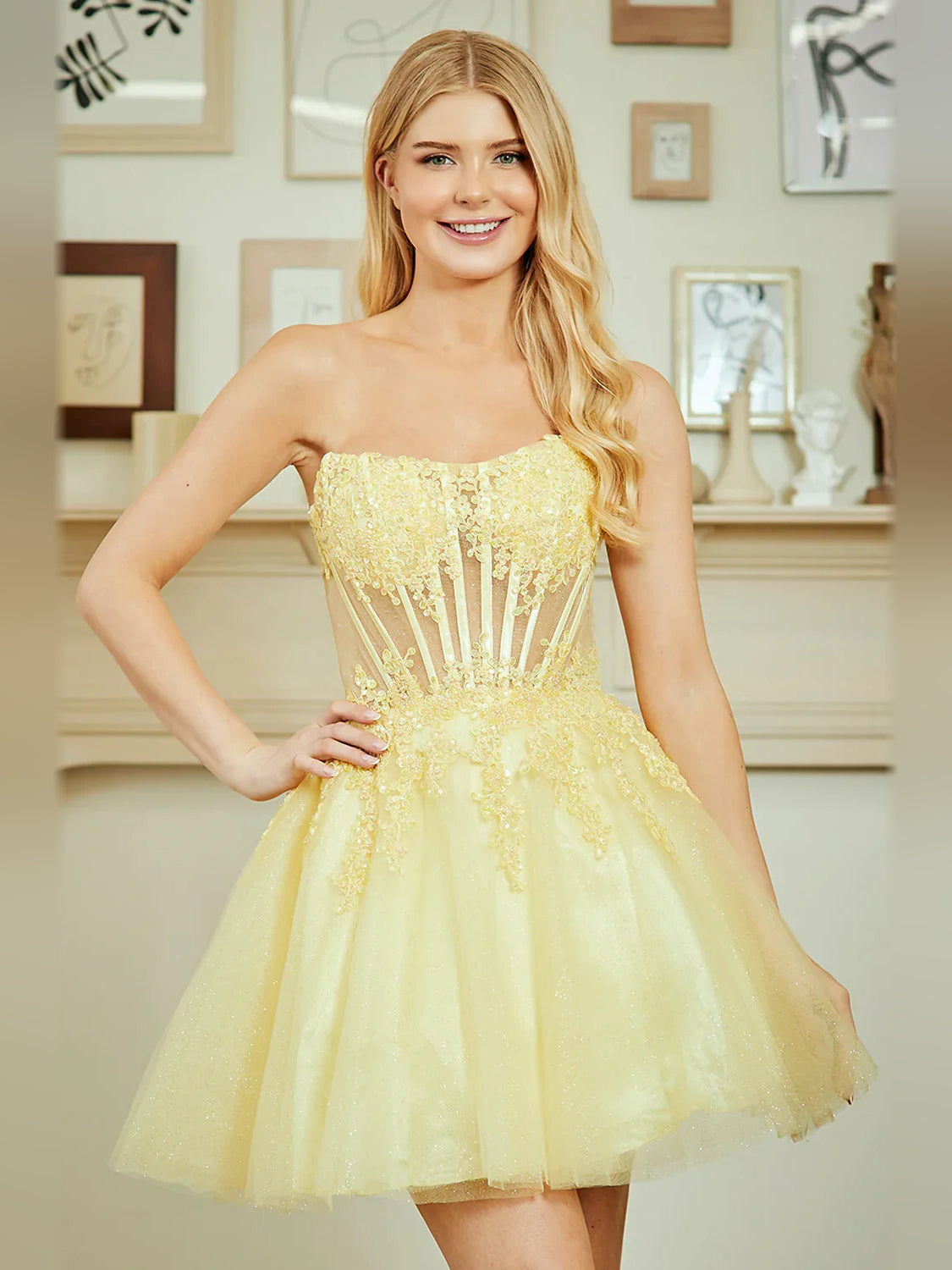 Pale lemon strapless A-line homecoming dress with embellished bodice and tulle skirt