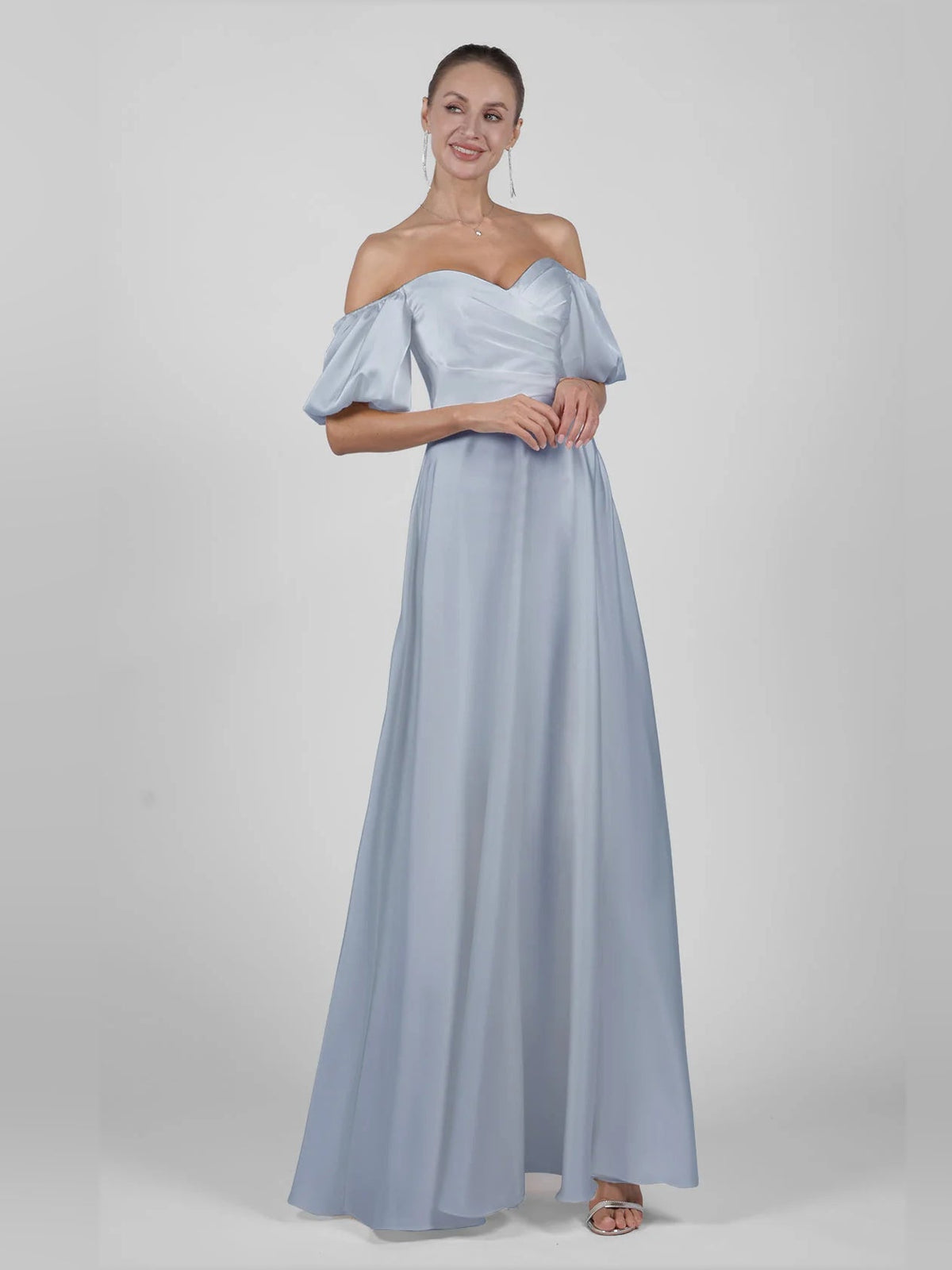 Powder blue off-shoulder satin A-line maxi wedding dress with draped puff sleeves