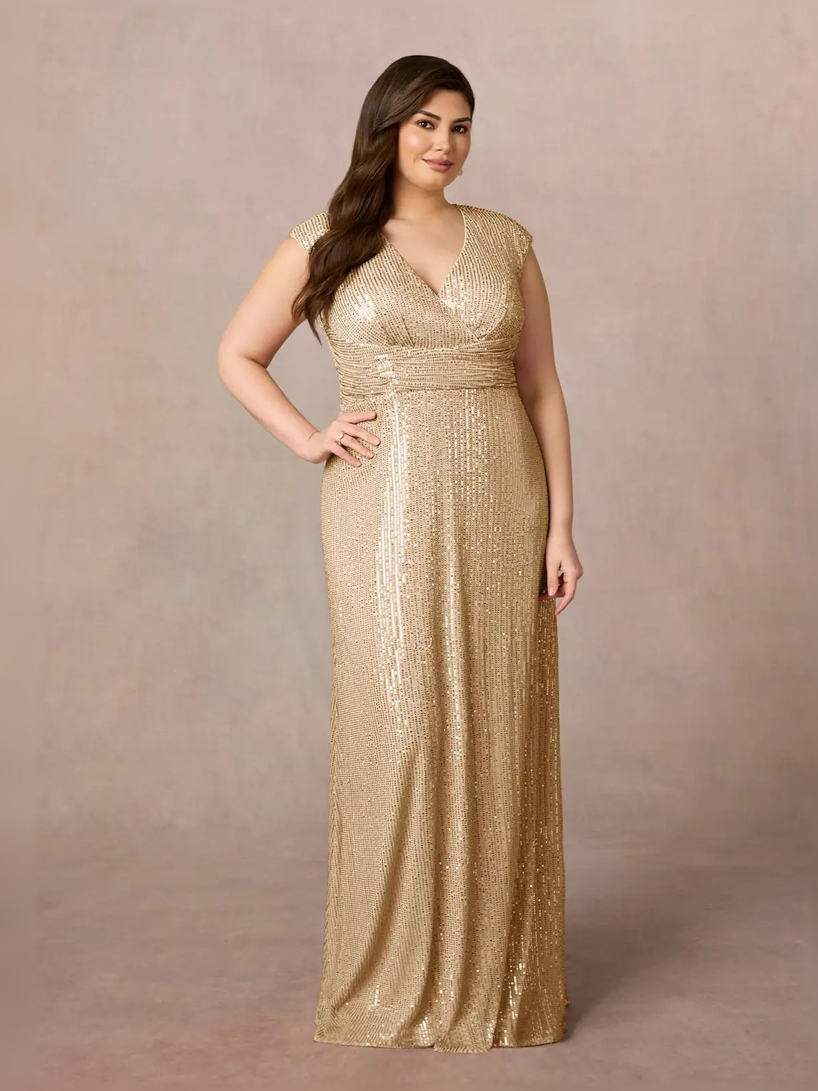 Champagne sequin V-neck formal dress with sleeveless ruching, front full-length