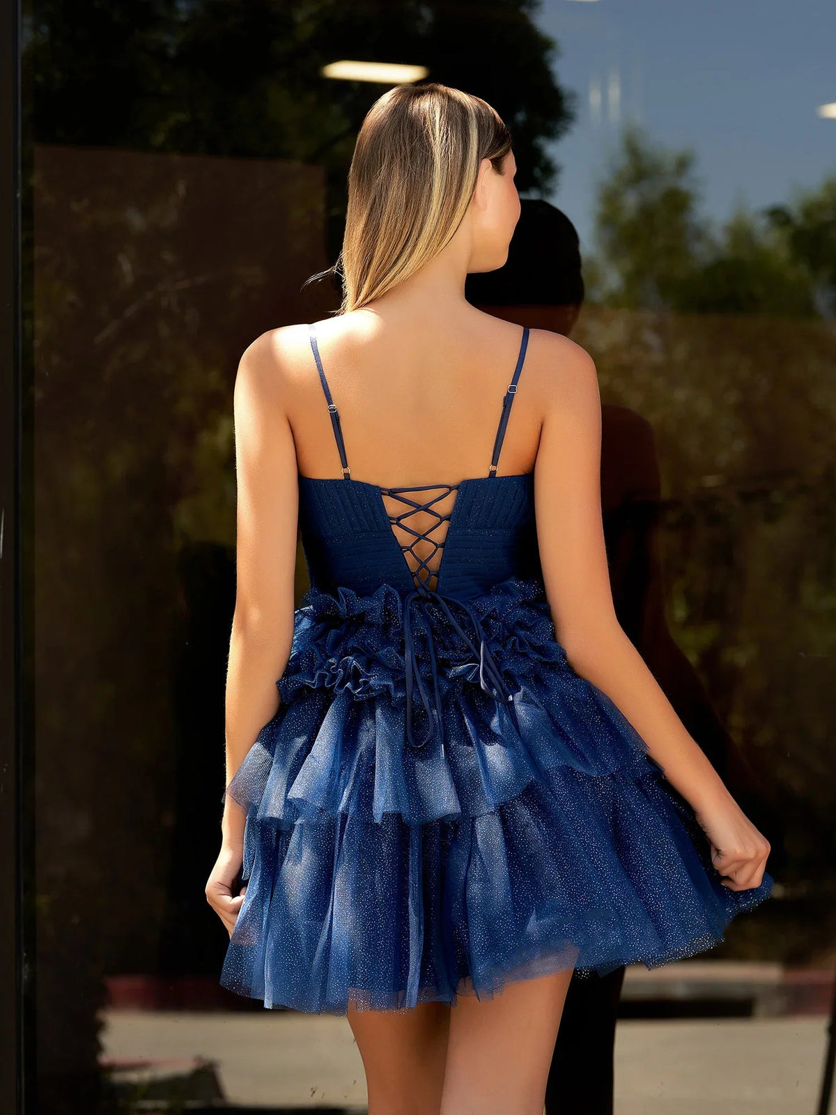 Navy blue mini tulle dress back, crisscross lace-up, spaghetti straps, ruffle tiers