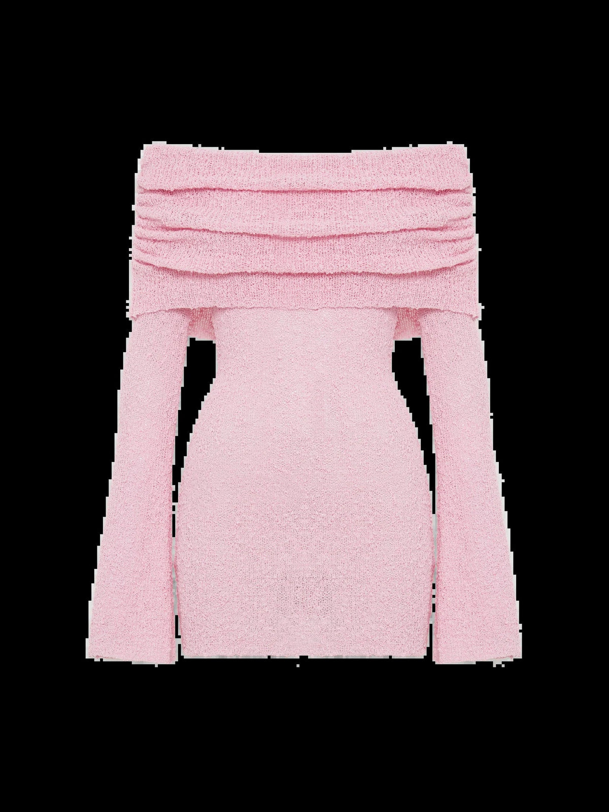 Flat lay: baby pink off-shoulder mini dress bodice with glitter texture and ruffle layers