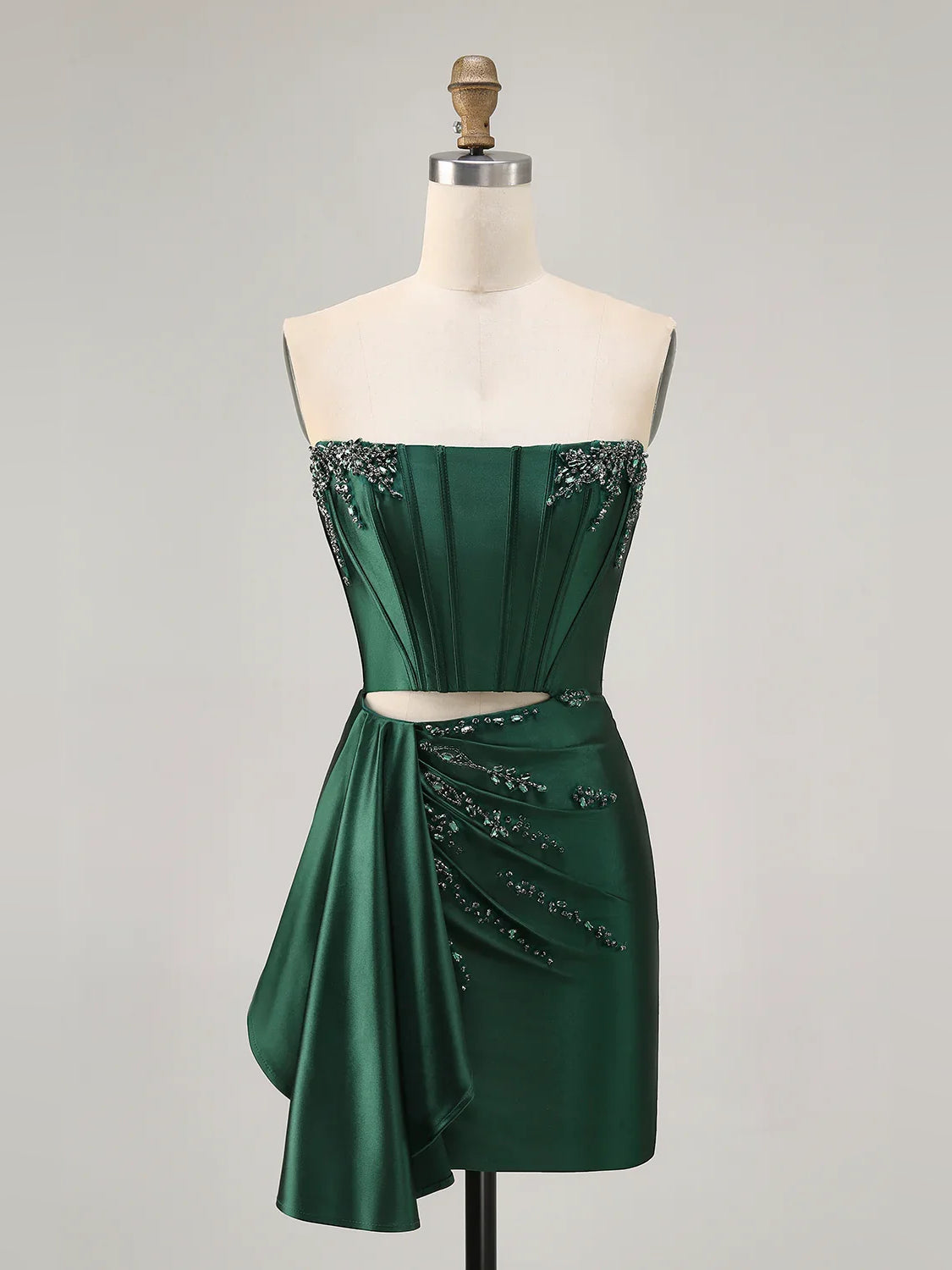 Dark green satin strapless corset short dress with beaded accents and side drape