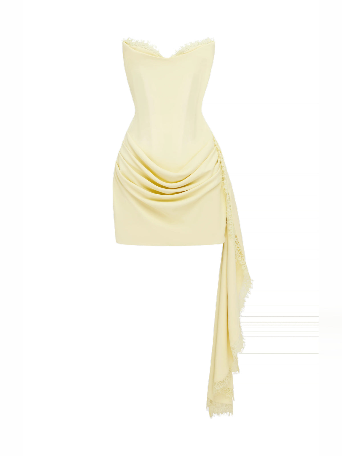 Lemon corset mini dress with draped cowl front and fringe lace-trim sash