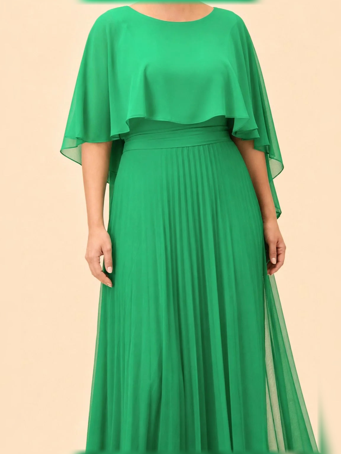 Forest green pleated A-line dress with sheer layered cape overlay