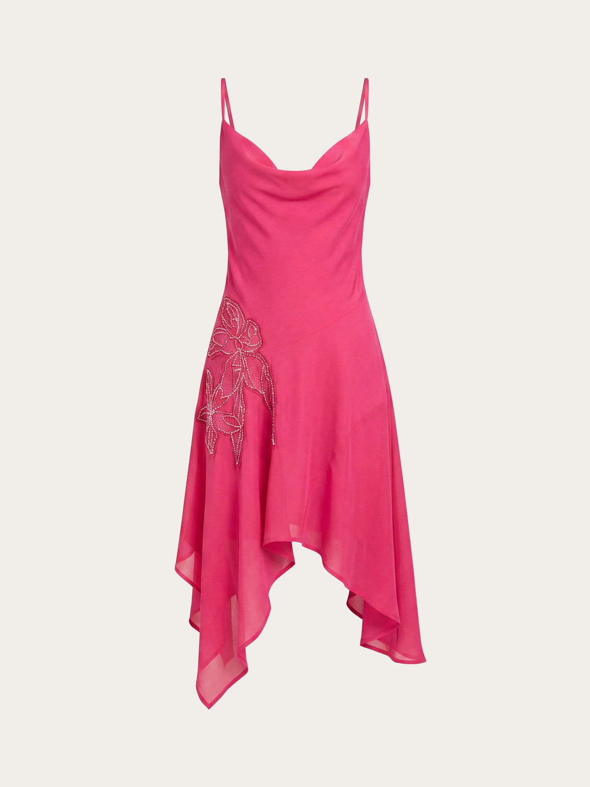 Fuchsia sleeveless midi dress with thin straps and asymmetric draped hem