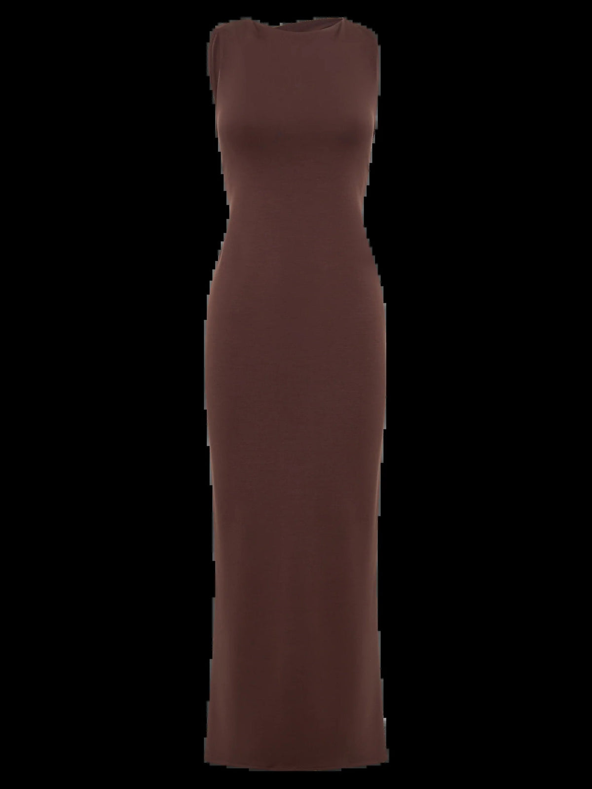 Brown midi dress, sleeveless fitted sheath with straight neckline