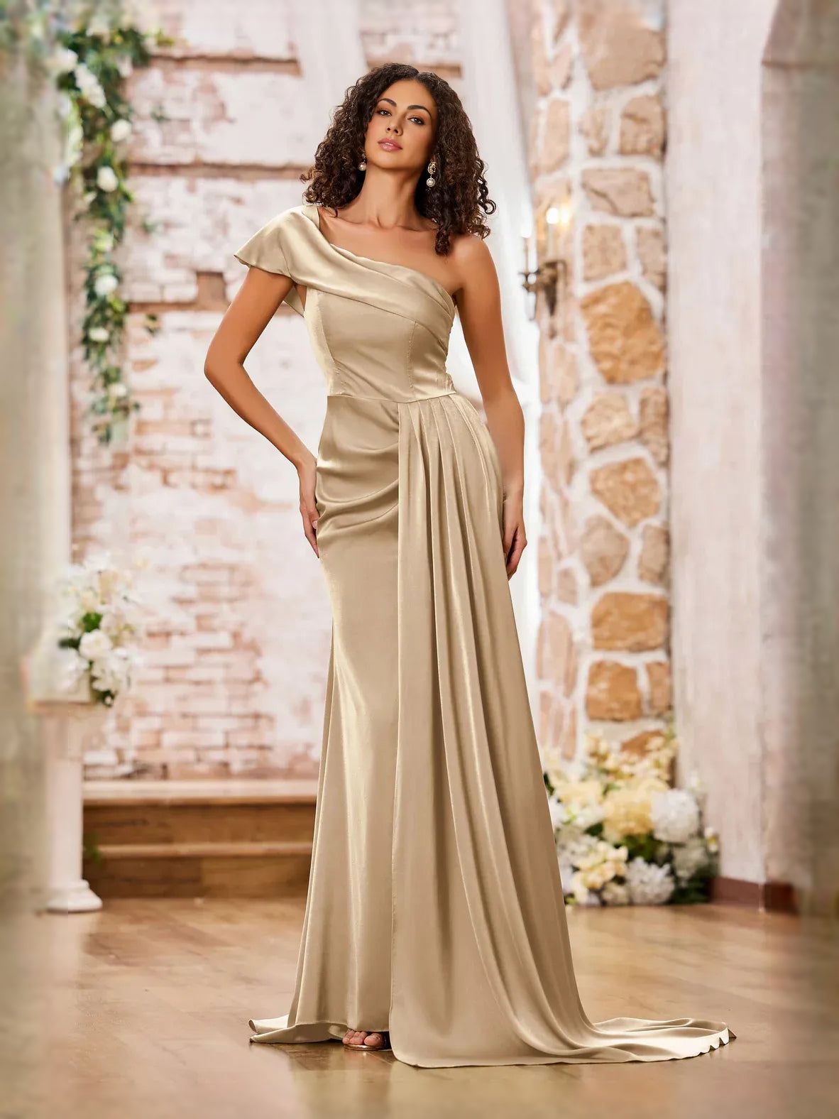 Champagne satin mermaid prom dress with asymmetrical neckline and draped waist detail