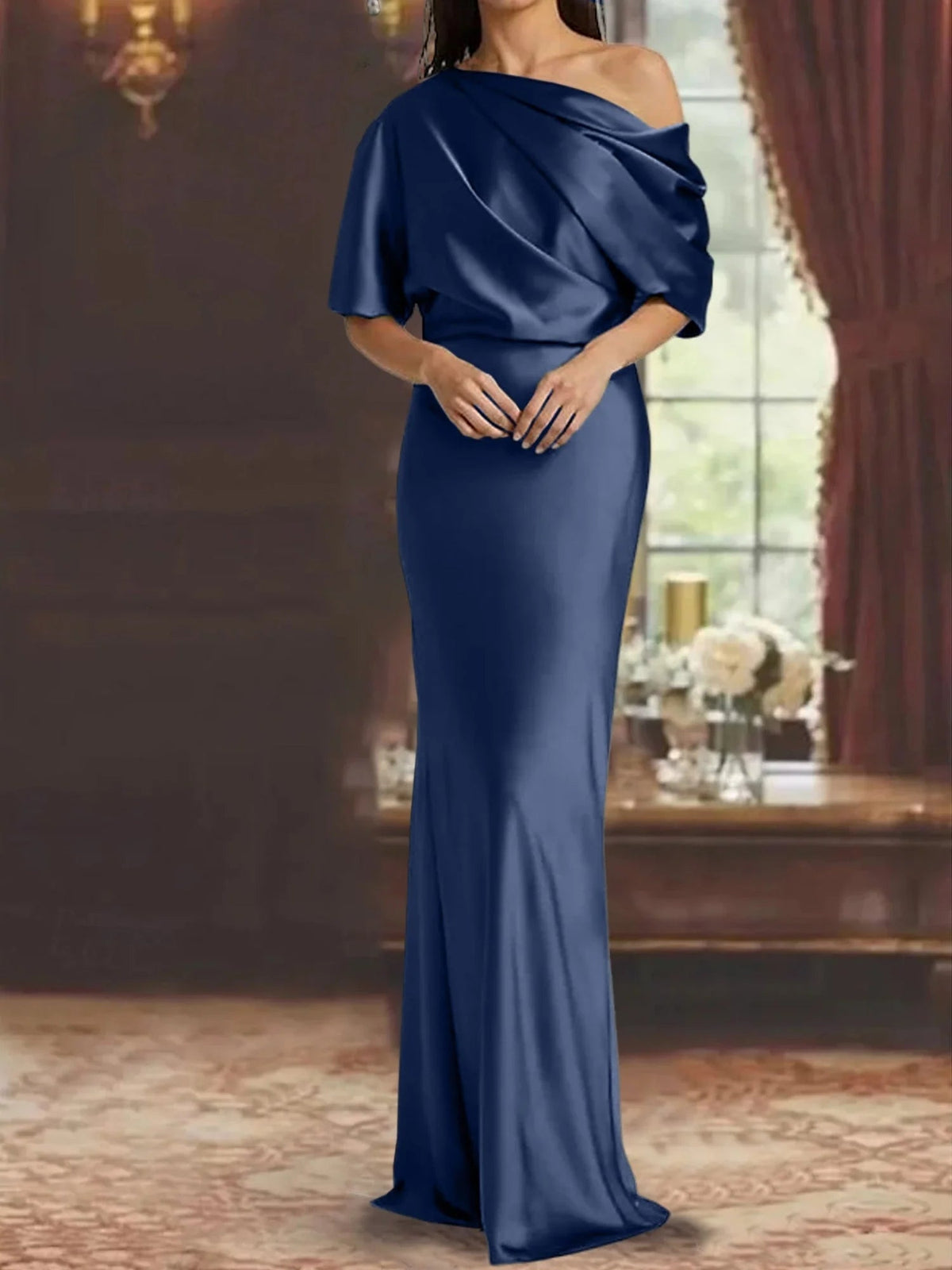 Navy one-shoulder draped satin mermaid gown with gathered shoulder ruffle