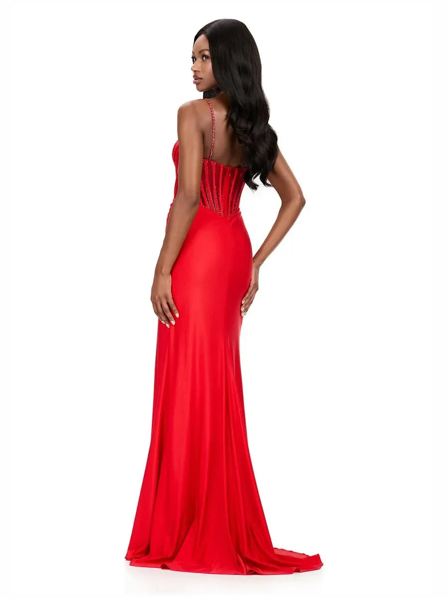 Red sweetheart corset mermaid formal dress with spaghetti straps and front slit