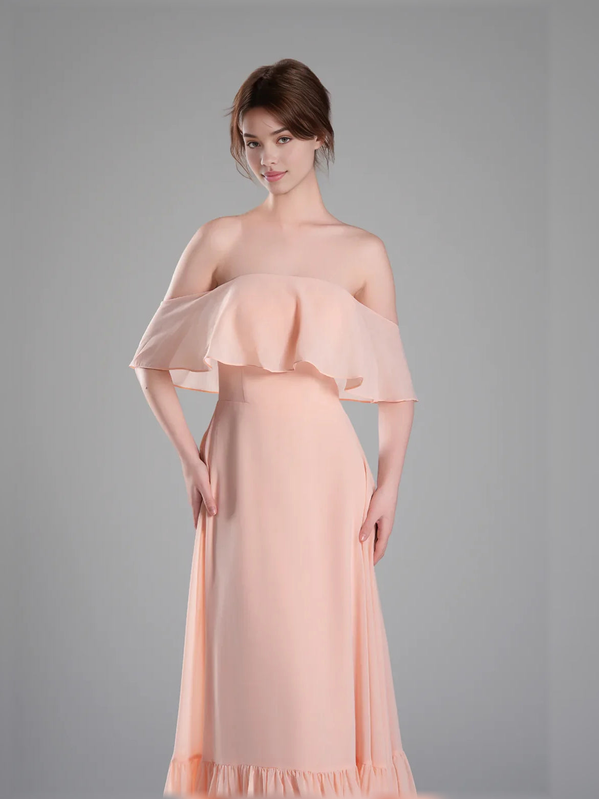 Apricot off-shoulder chiffon A-line dress with layered ruffle top and tiered skirt