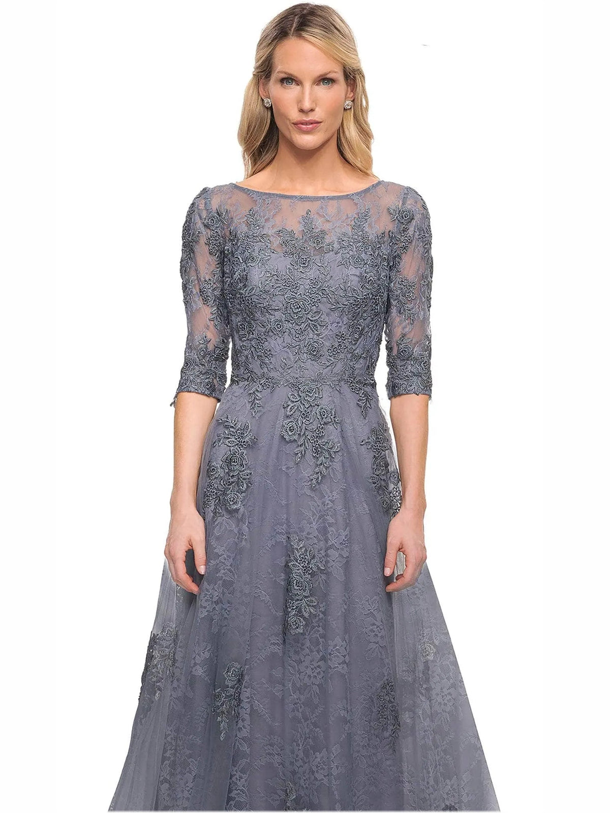 Slate blue embroidered floral A-line mother of the bride tulle dress with 3/4 lace sleeves