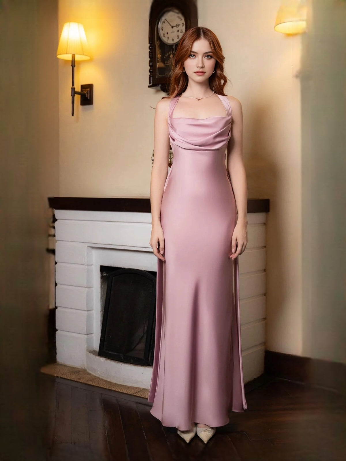 Lavender satin cowl-neck sheath maxi dress with draped detailing at bust