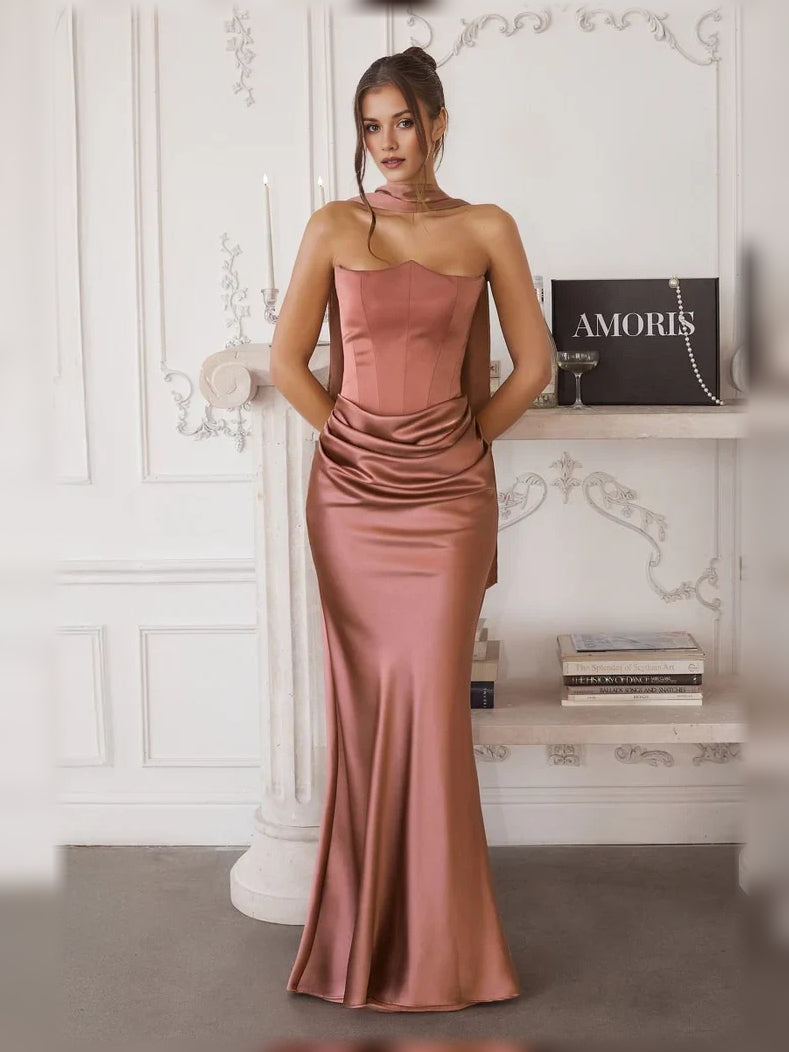 Dusty rose strapless satin formal dress with ruched waist, floor-length