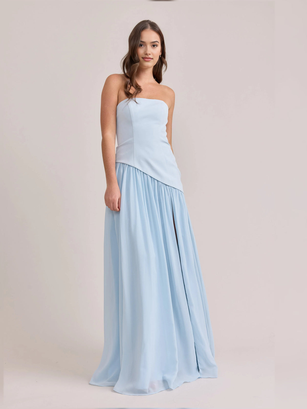 Light sky blue strapless A-line maxi chiffon dress with front slit
