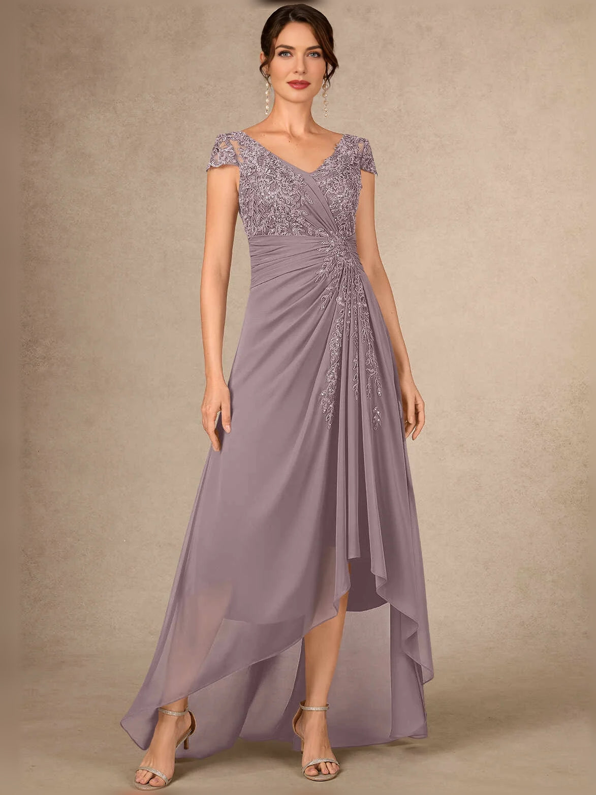 Mauve ruched V-neck chiffon mother-of-the-bride dress with floral sequin bodice and high-low hem