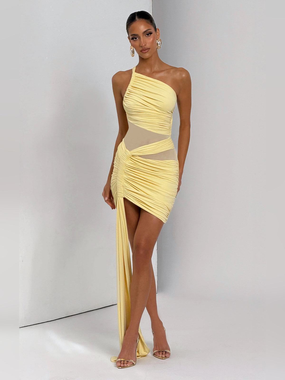 Lemon one-shoulder ruched mini dress with crossover waist detail and long side ribbon
