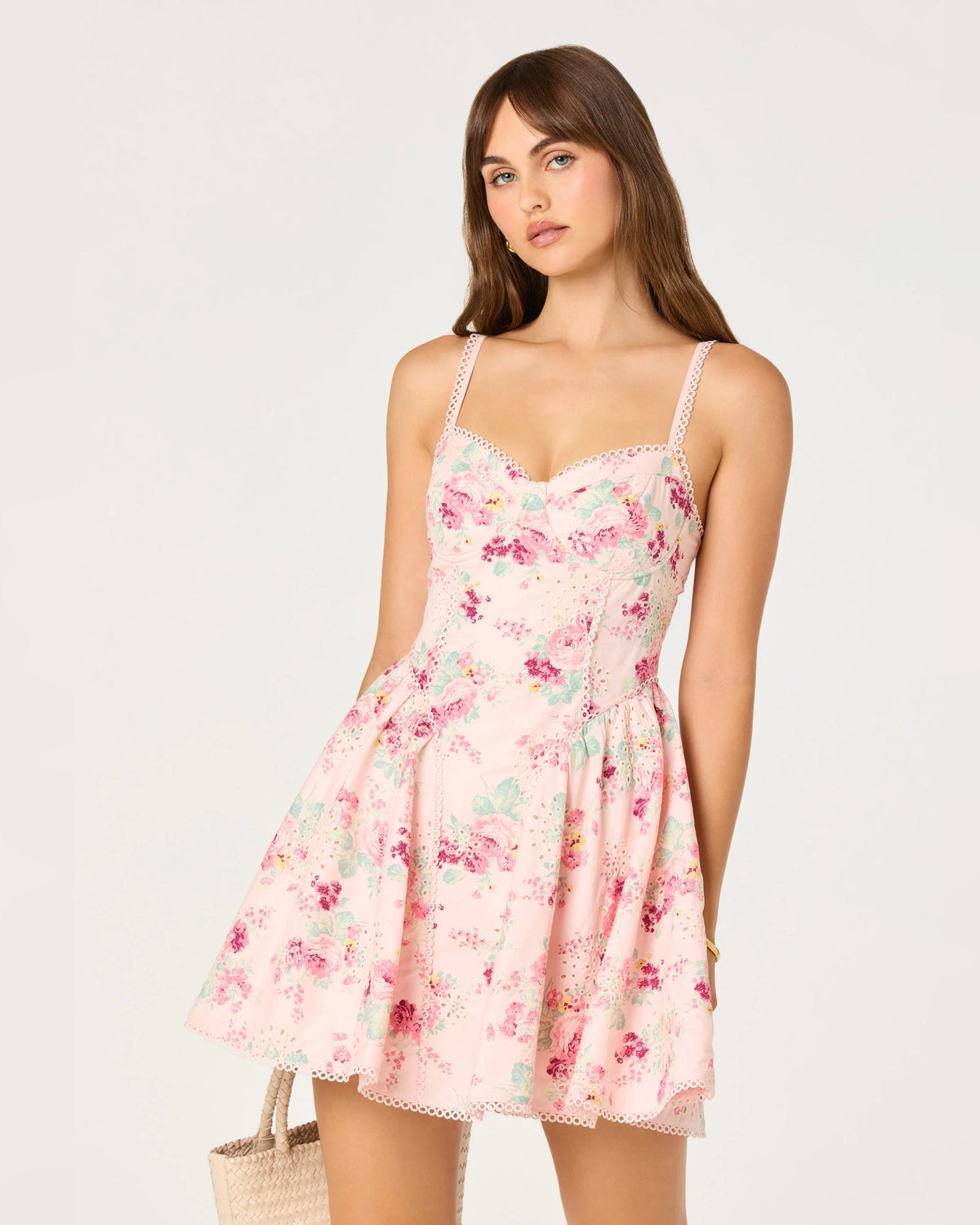Pink floral sweetheart A-line mini dress with lace-trim straps and gathered skirt