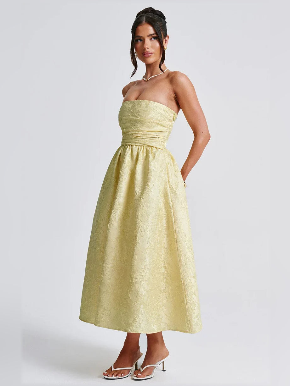 Lemon yellow strapless corset midi dress with fitted bodice and full flared skirt