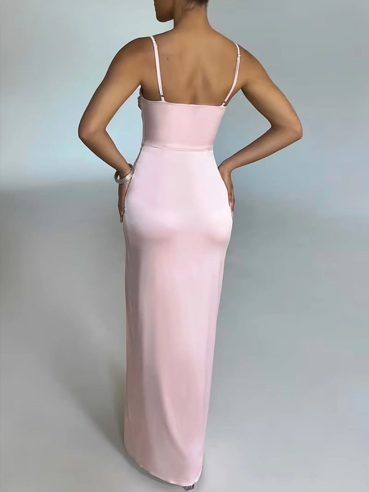 Blush pink satin back view mermaid wedding dress with thin straps and long slit