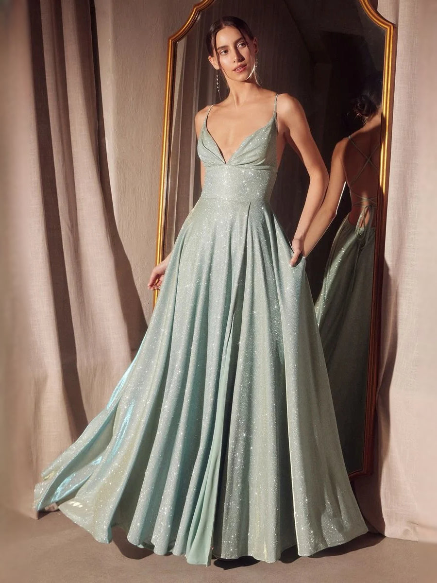 Dusty sage glitter V-neck A-line prom dress with spaghetti straps and twirl skirt
