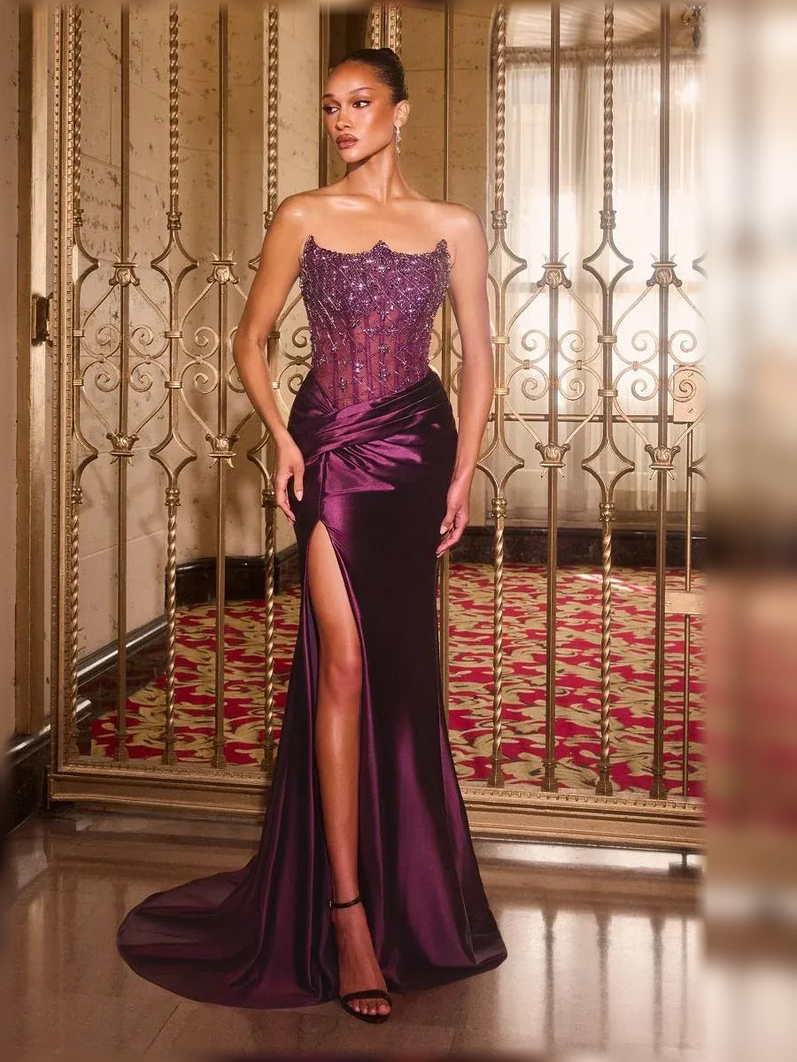 Deep purple strapless mermaid formal dress with beaded bodice and flowing floor-length skirt