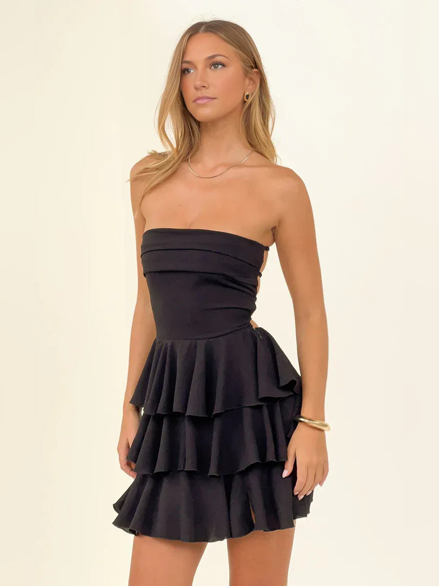 Black strapless tiered mini chiffon dress with layered ruffle skirt