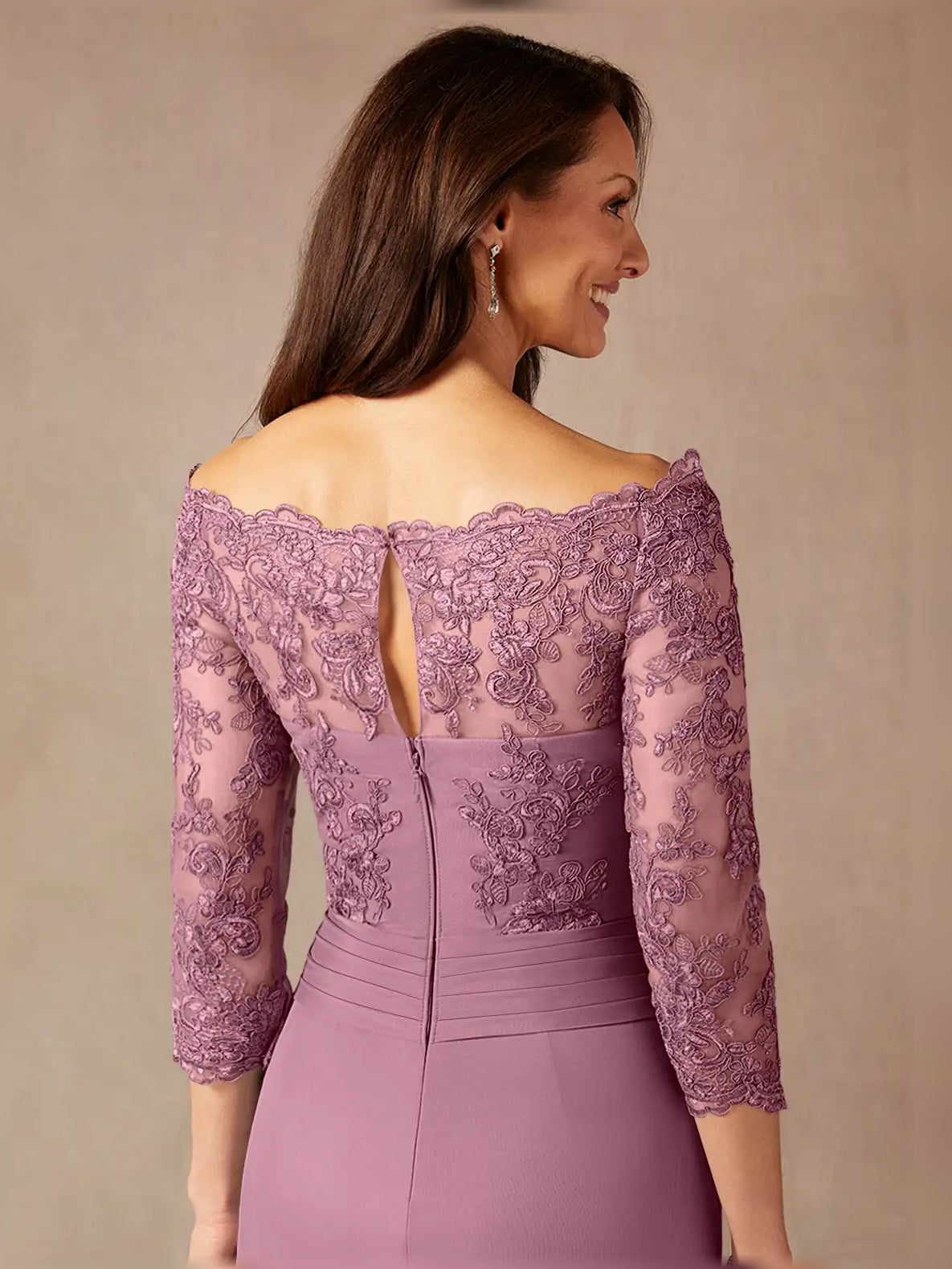 Vintage mauve off-shoulder ruched maxi dress shown from back with lace 3/4 sleeves