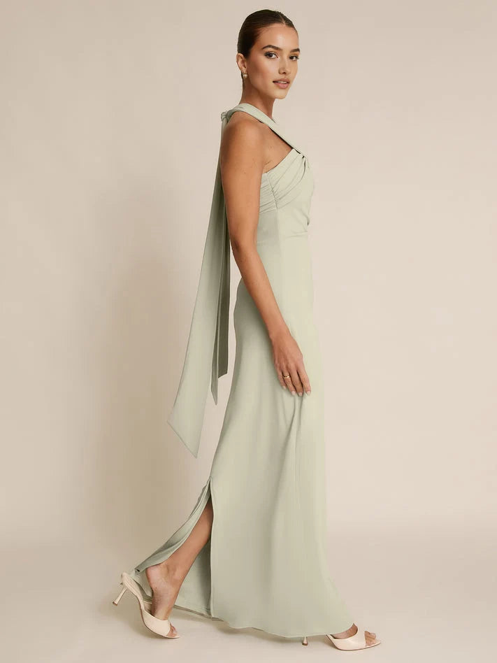 Light blue floor-length halter sheath dress with draped halter and leg-slit hem