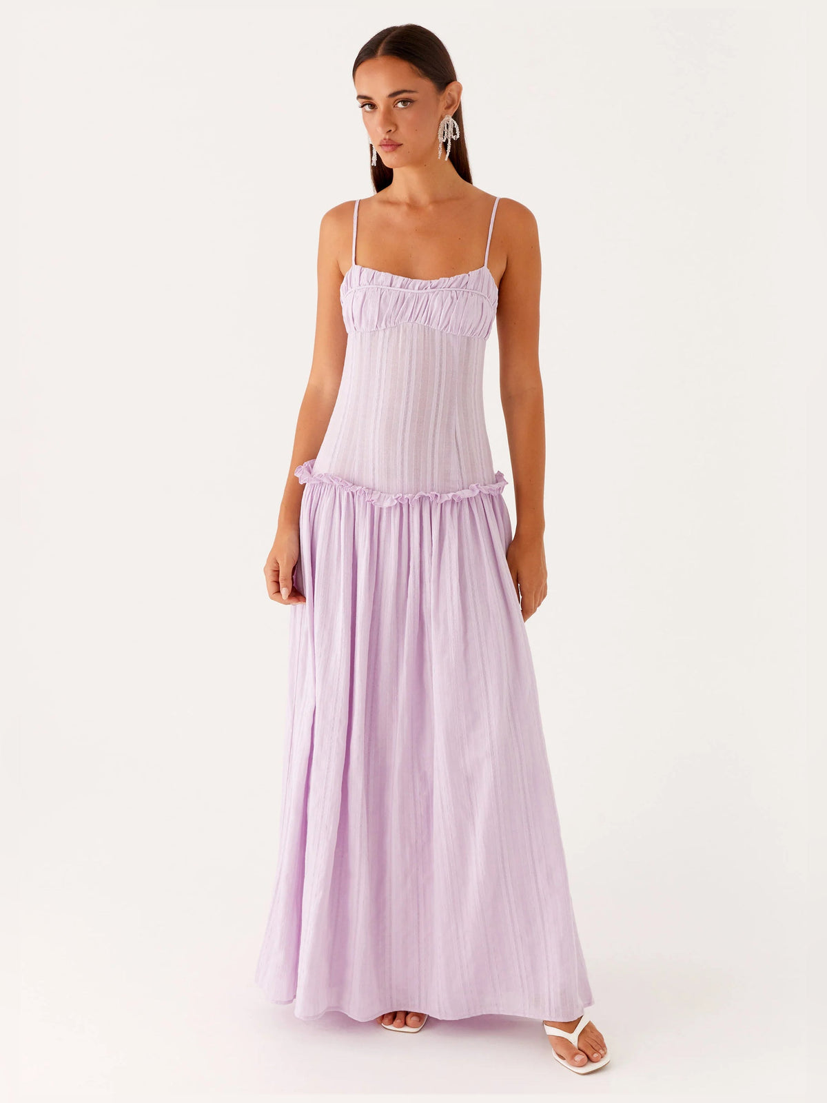 Lavender a-line maxi formal dress with square neckline, alternate full-length view