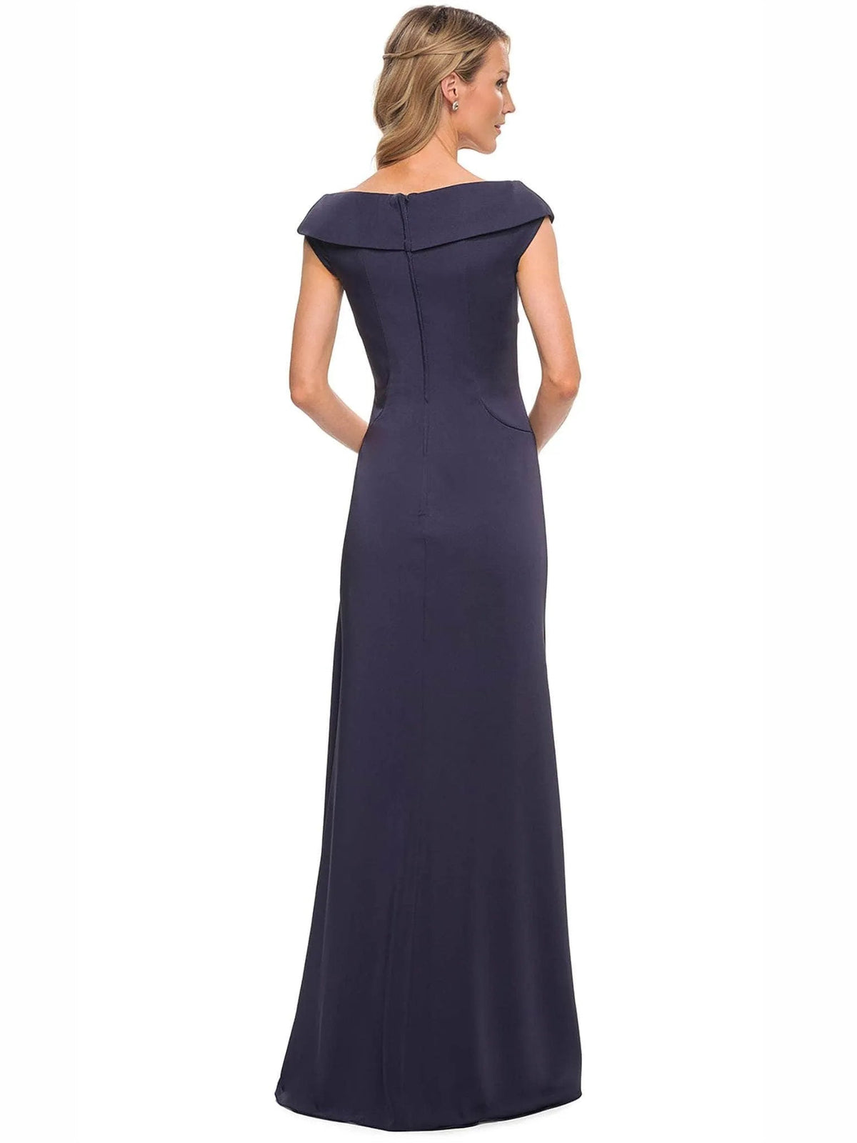 Navy off-shoulder sheath formal dress, ruched back drape, cap sleeves, full length