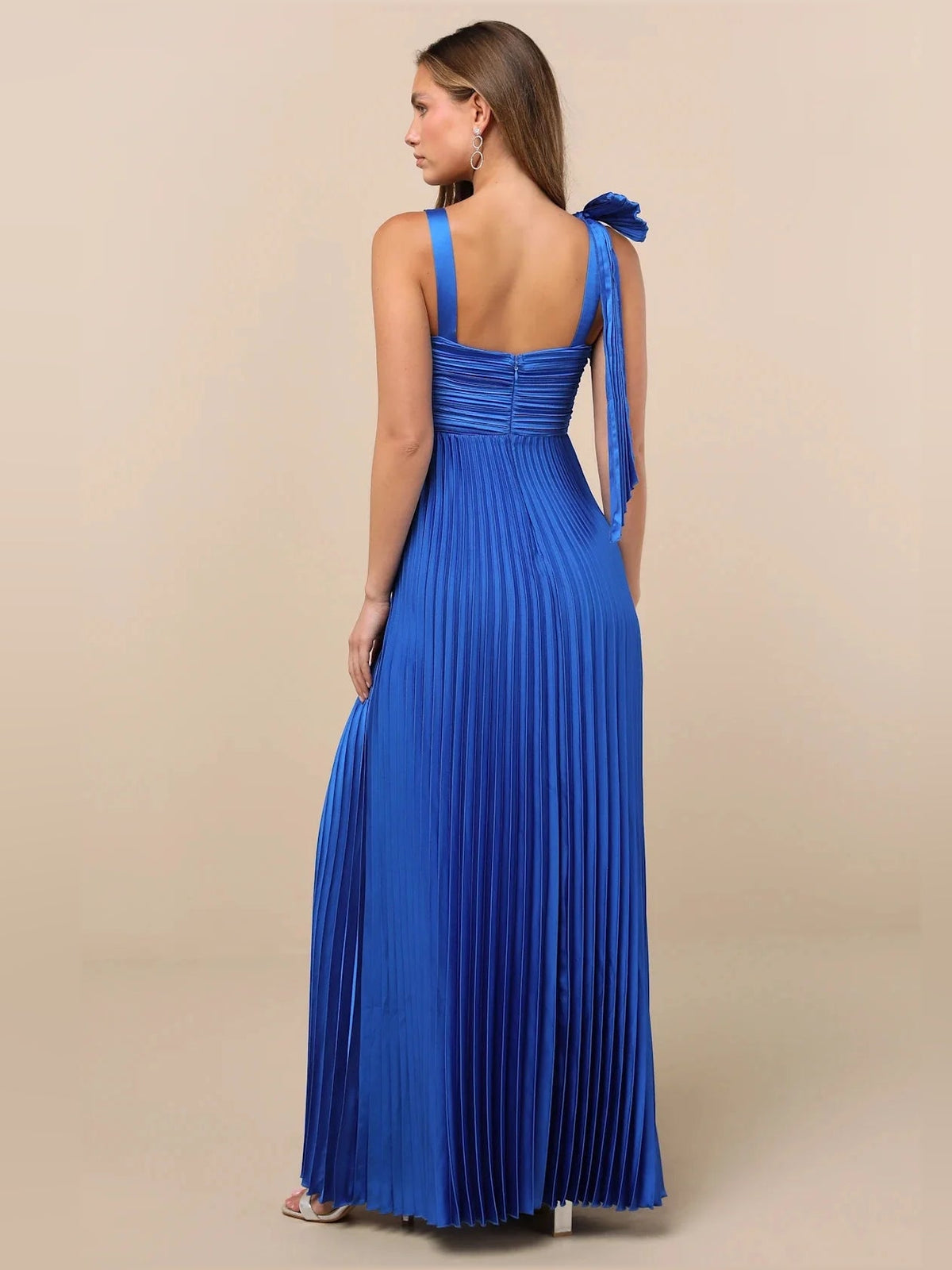 Royal blue satin A-line maxi dress, square neckline, ruched bodice, bow back straps