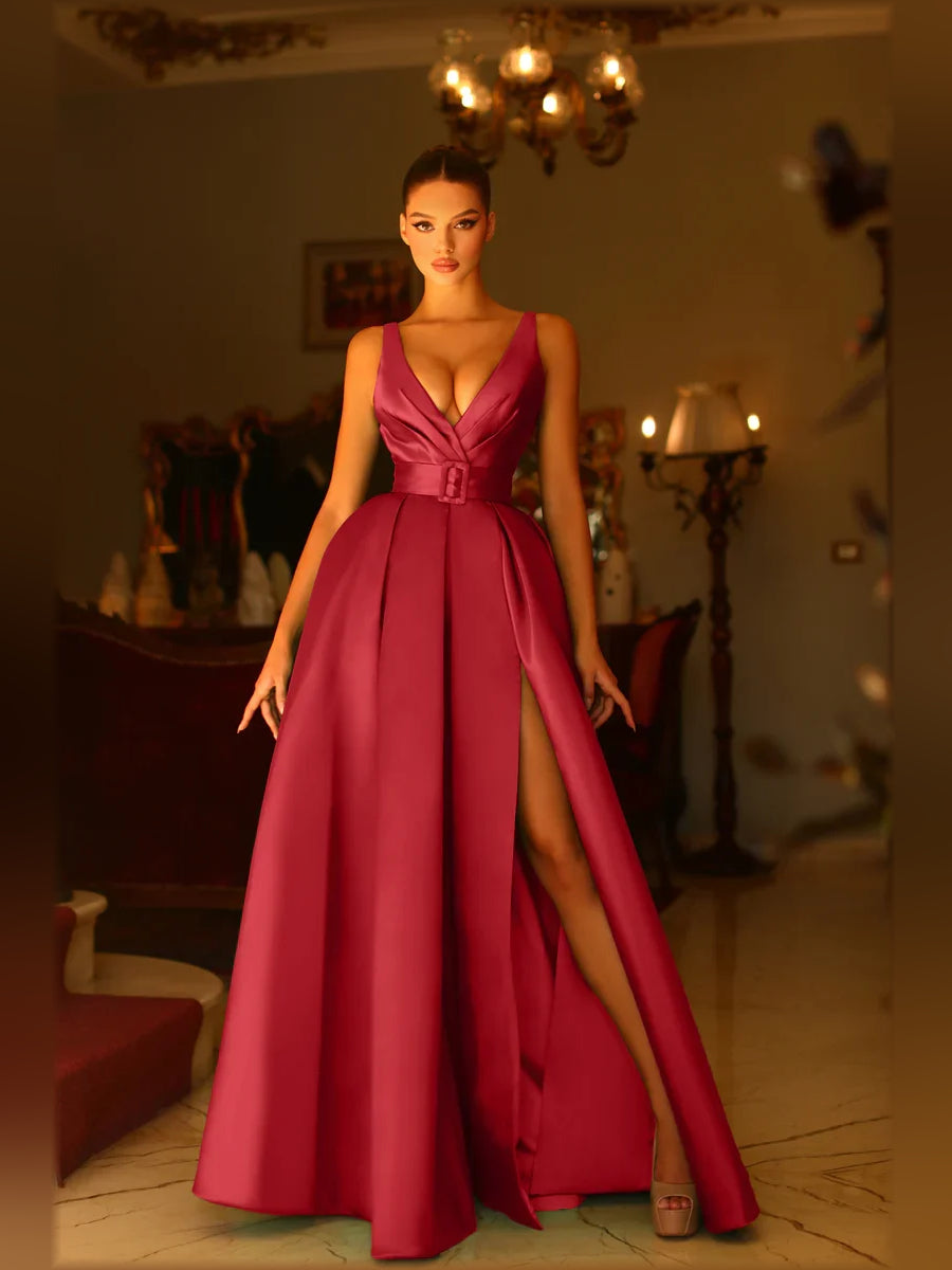 Deep pink satin V-neck sleeveless A-line floor-length dress with front slit