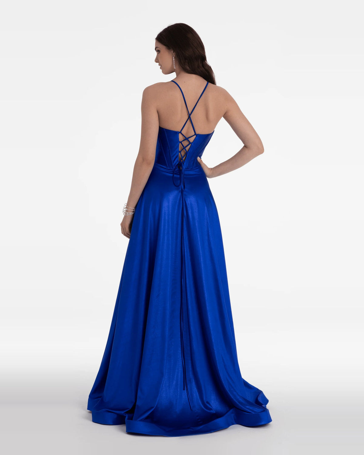 Blue corset ball-gown prom dress from back view with lace-up cross straps