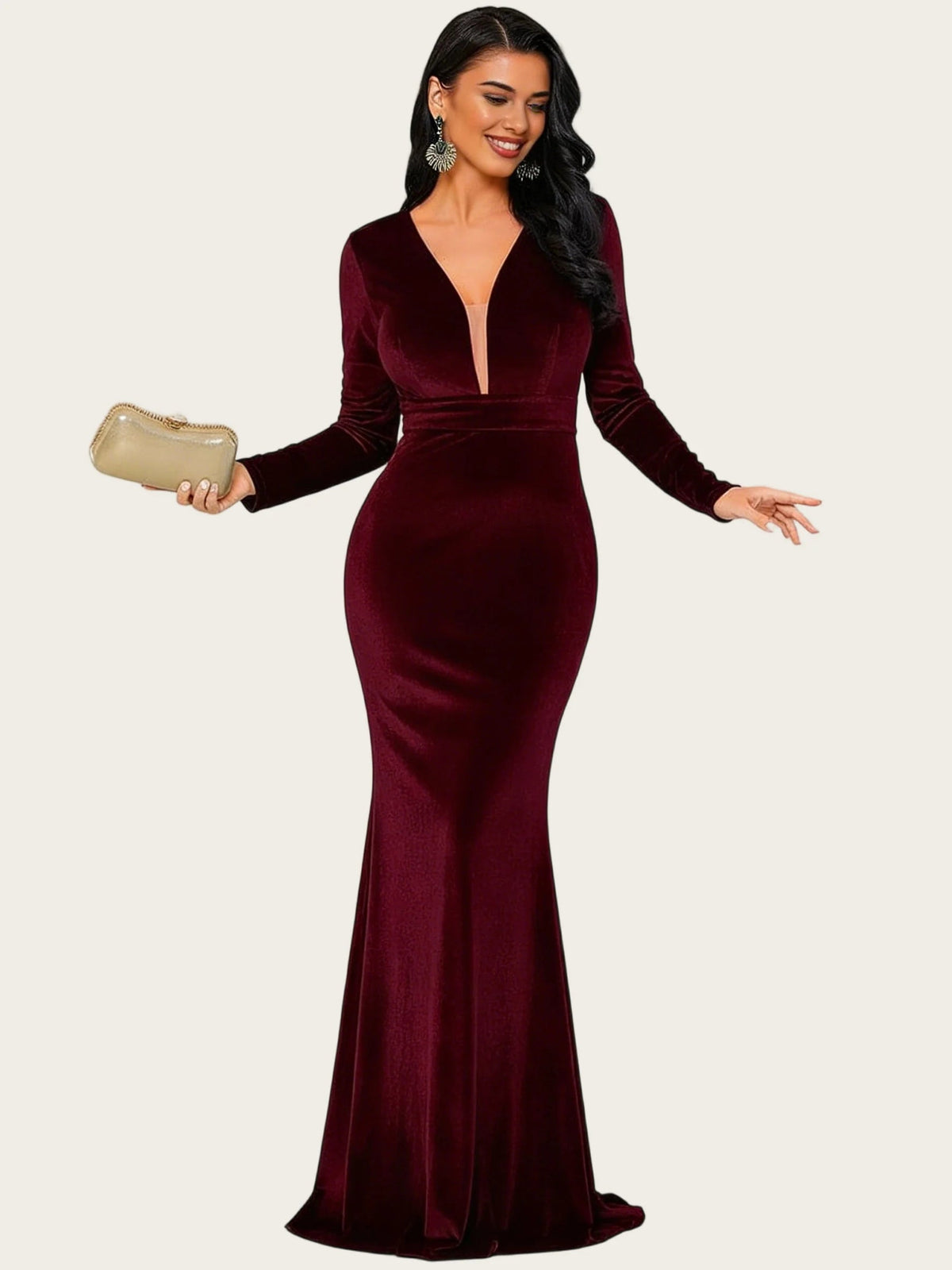 Burgundy V-neck long-sleeve mermaid maxi formal dress, fitted torso and flared hem