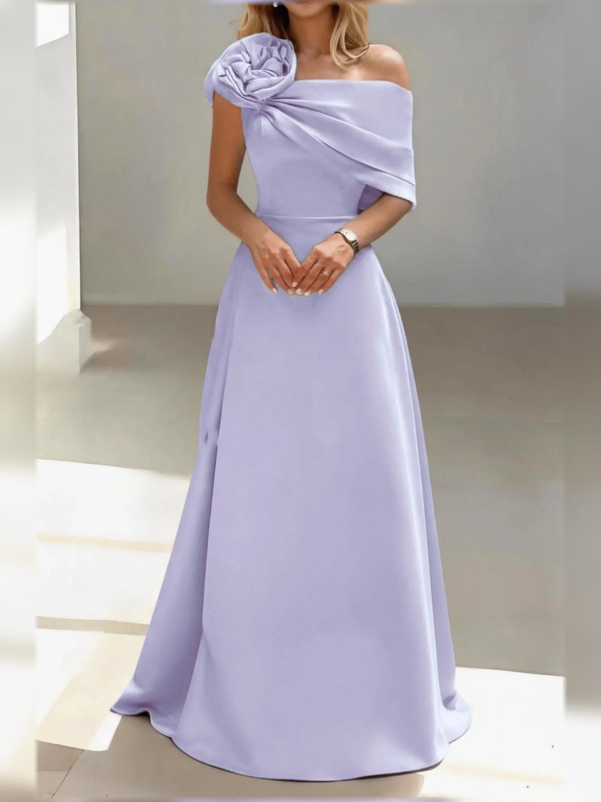 Lilac satin one-shoulder A-line mother-of-the-bride dress with rosette shoulder