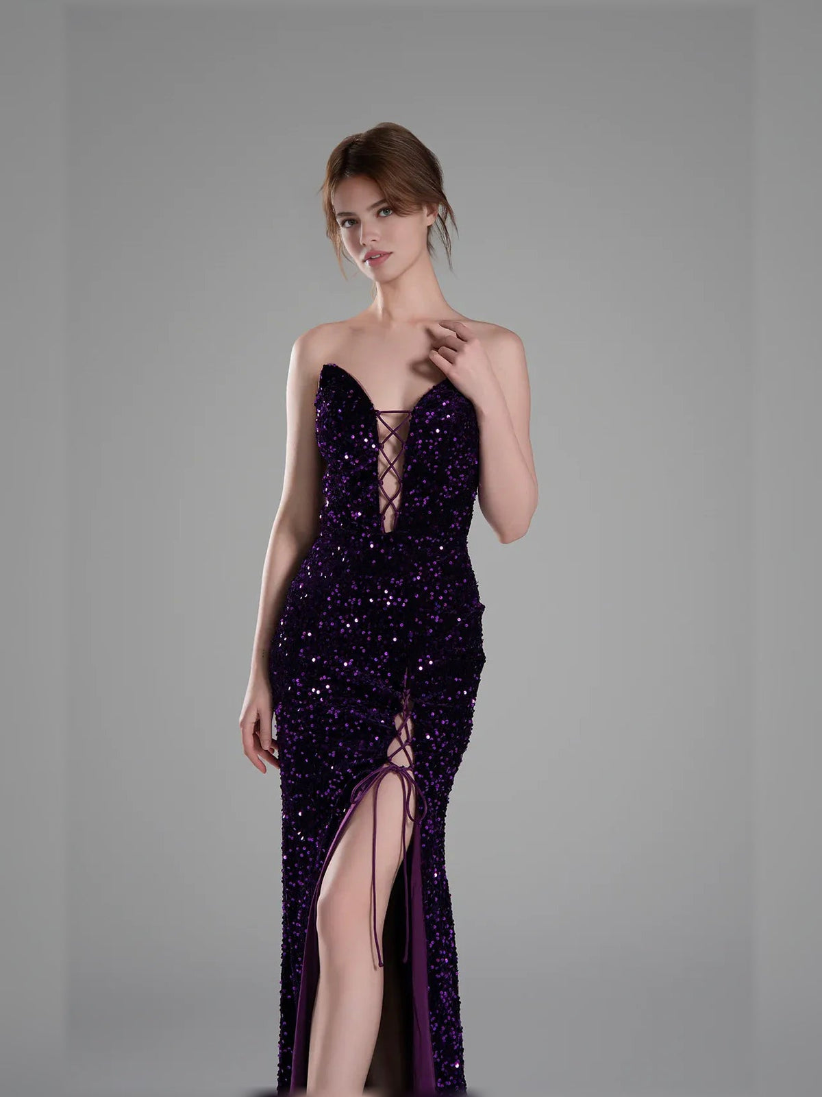 Grape sequin mermaid formal dress with sweetheart neckline and front thigh slit