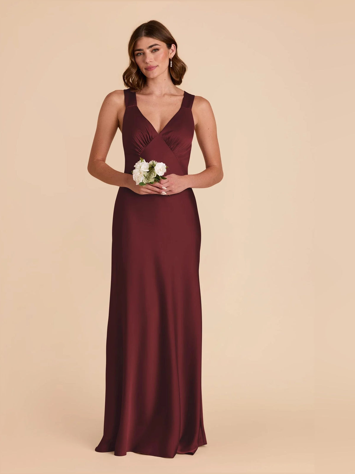 Cabernet satin ruched V-neck A-line maxi bridesmaid dress, sleeveless, front view