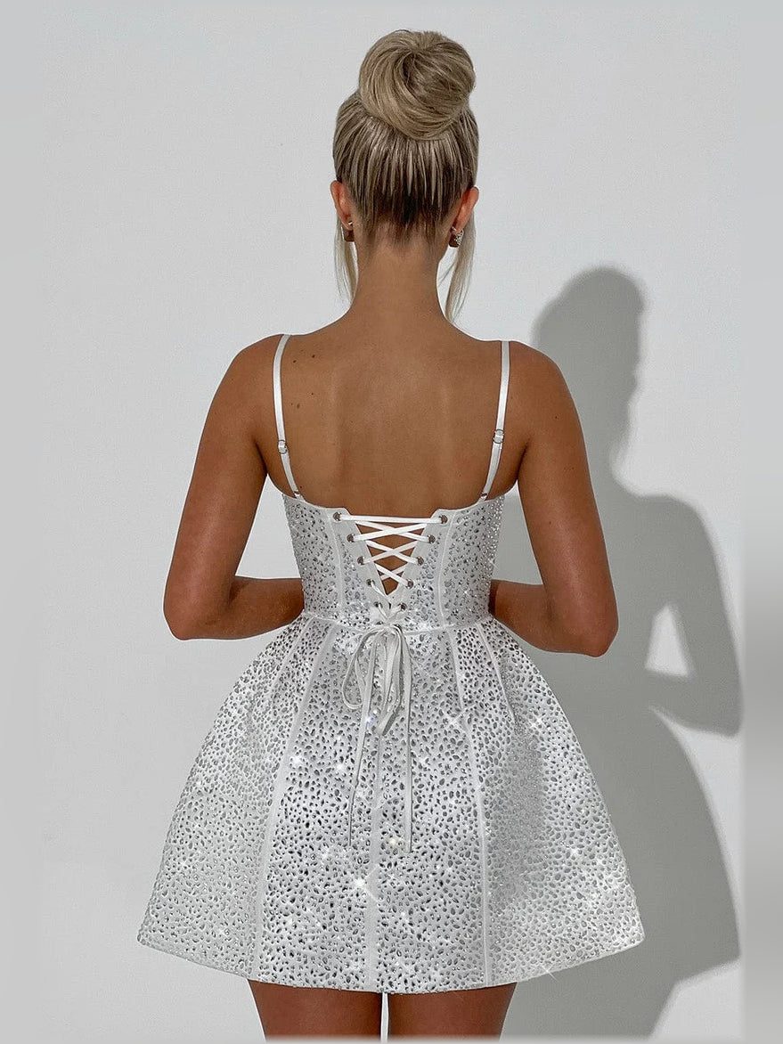 Ivory sequin mini formal dress with lace-up back and square neckline