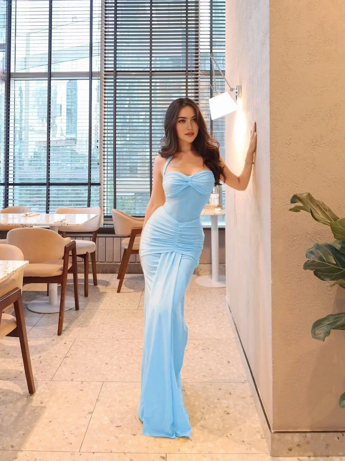 Sky blue ruched sweetheart sheath prom dress with draped bodice, floor-length
