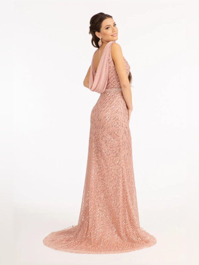 Dusty rose beaded sleeveless deep V maxi dress with ruched bodice and high slit