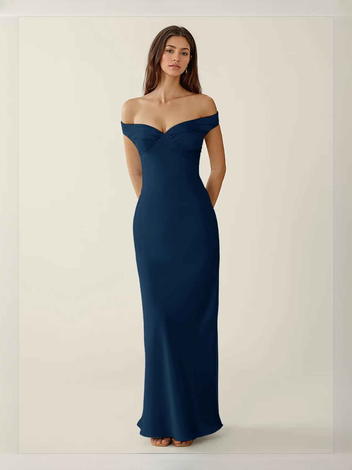 Navy blue off-shoulder satin maxi dress, fitted column silhouette and ruched bust