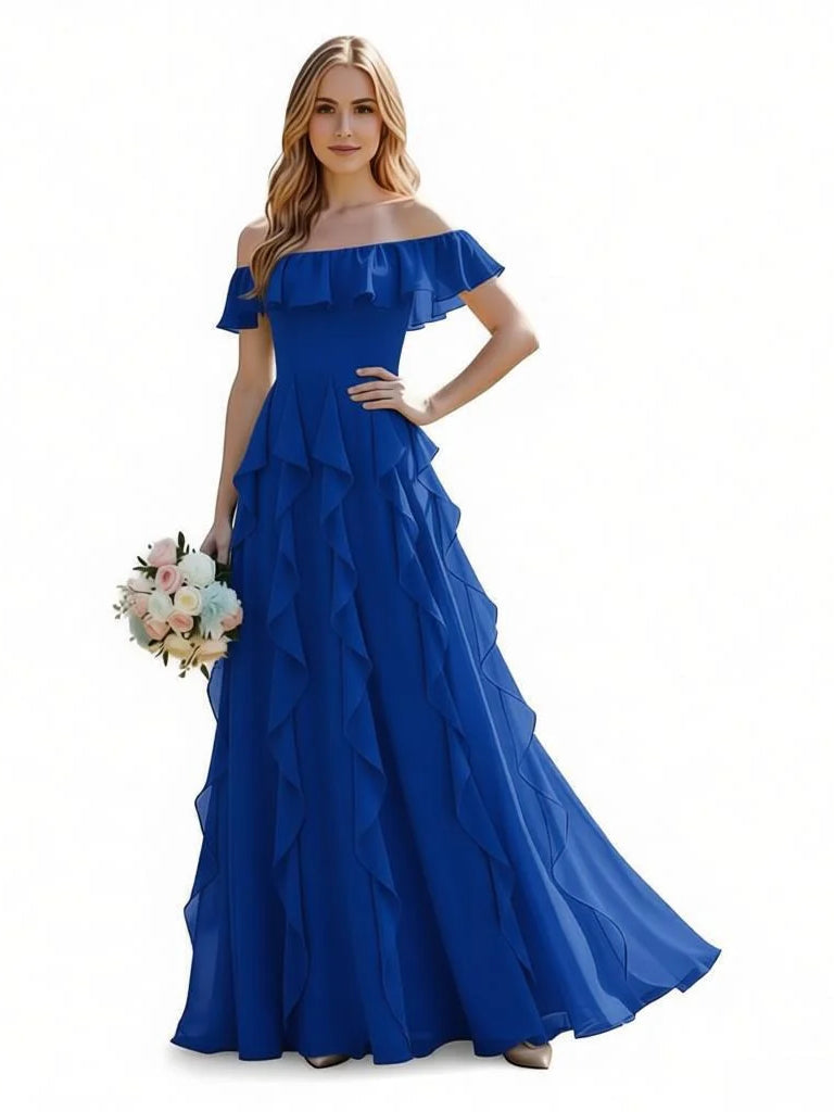 Draped ruffled off-shoulder chiffon maxi A-line dress in royal blue