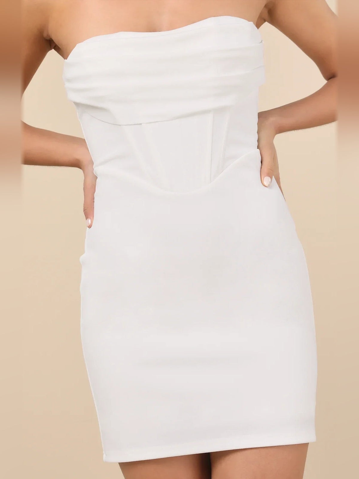 White strapless corset bodycon mini crepe dress, back view