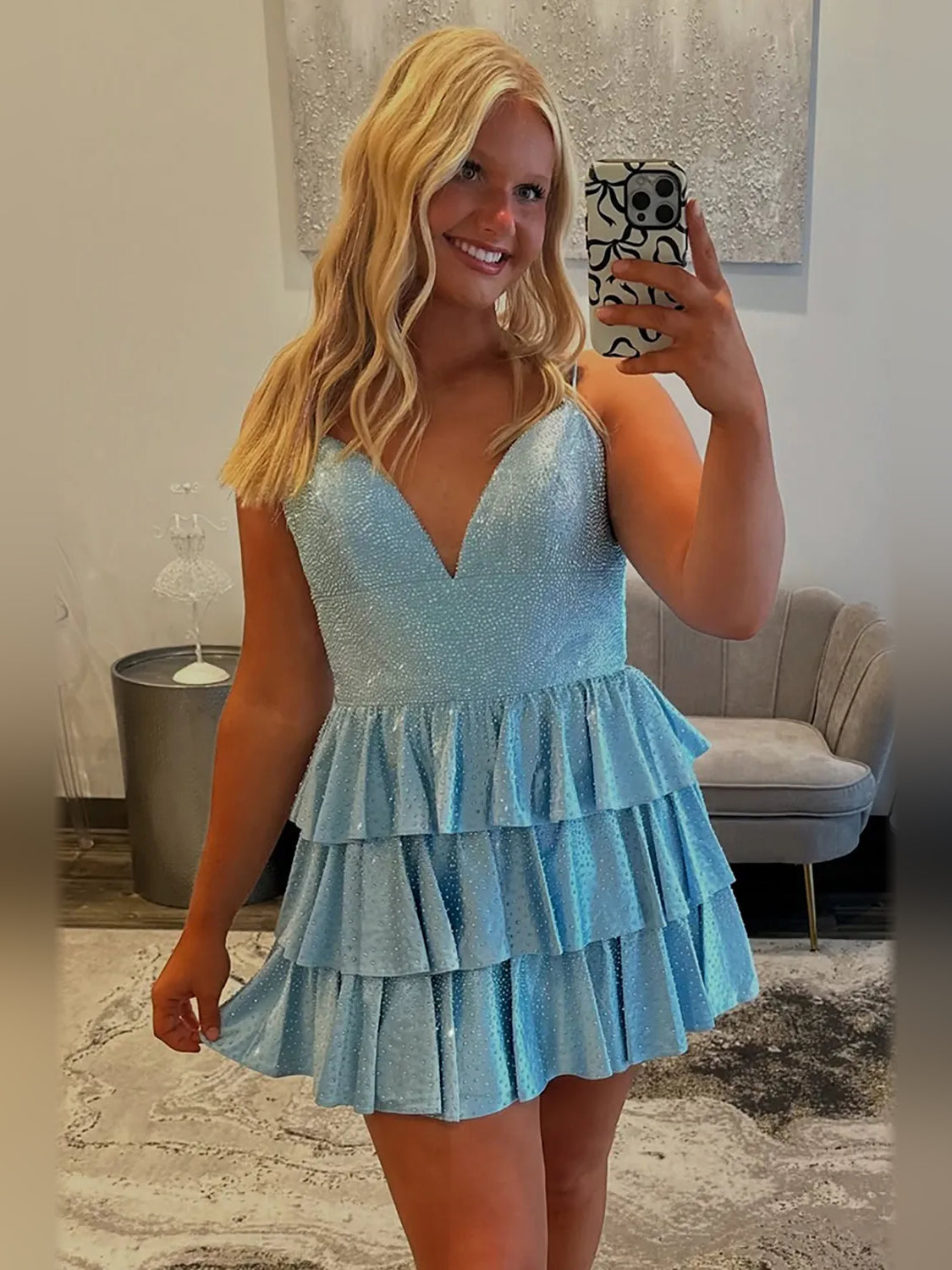 Light blue glitter velvet short A-line V-neck dress with spaghetti straps and tiered ruffles.